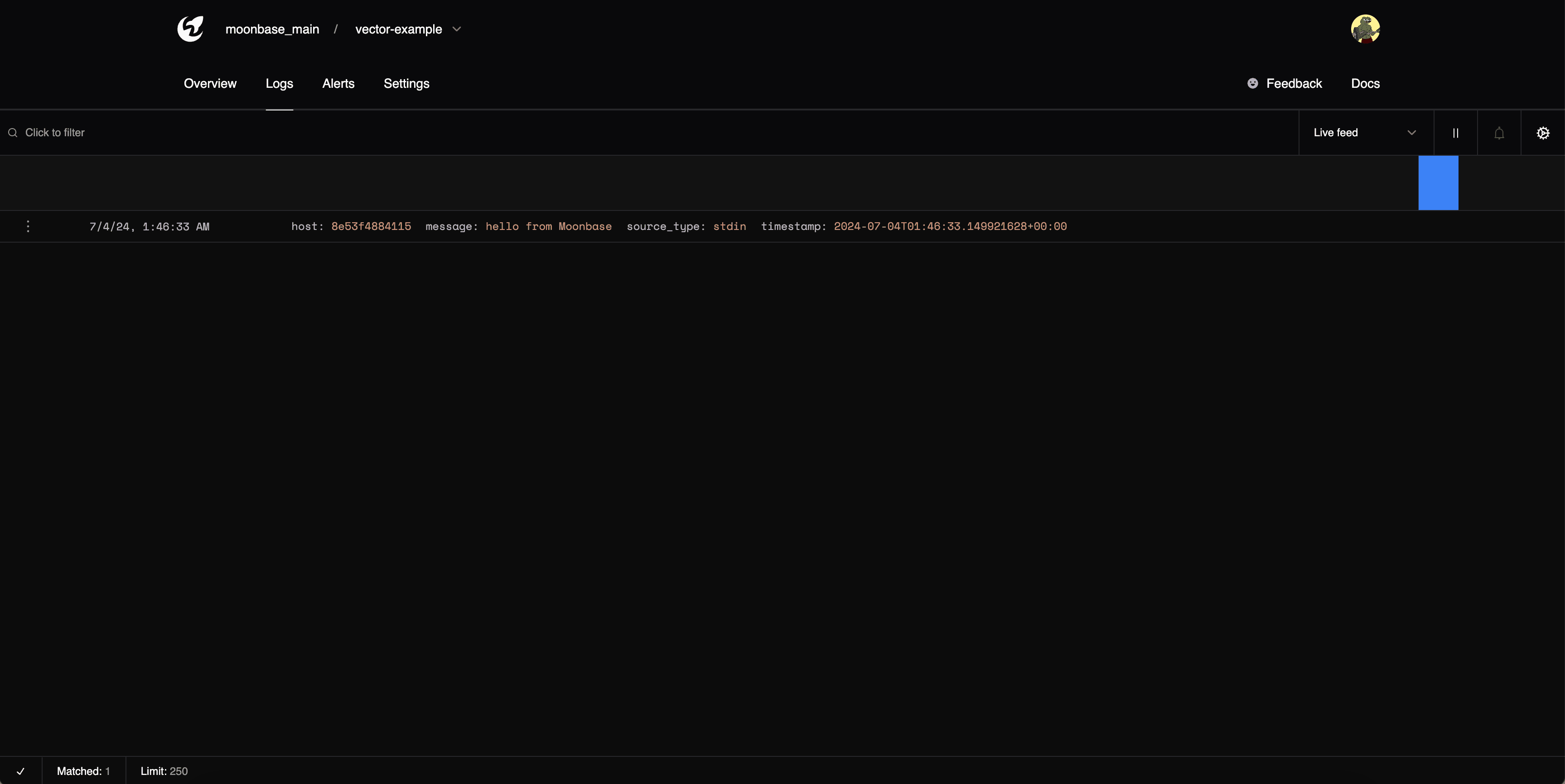 Moonbase logs dashboard